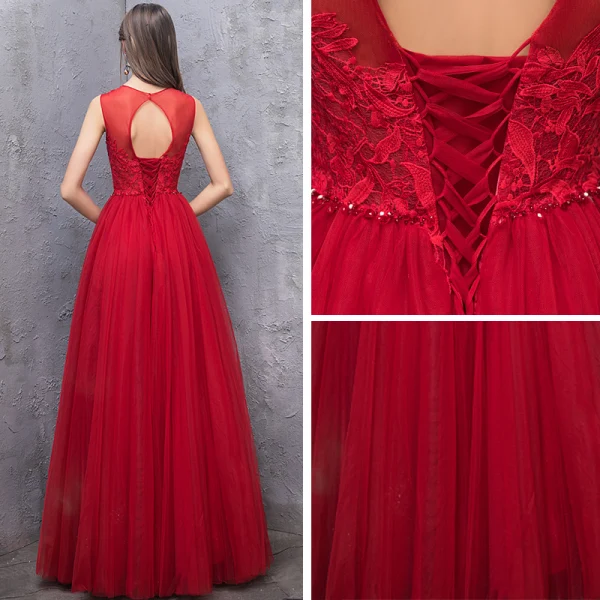 Chic / Beautiful Red Evening Dresses  2019 A-Line / Princess Scoop Neck Sleeveless Backless Beading Sash Floor-Length / Long Ruffle Formal Dresses