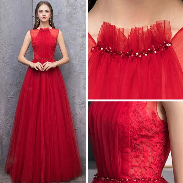Chic / Beautiful Red Evening Dresses  2019 A-Line / Princess Scoop Neck Sleeveless Backless Beading Sash Floor-Length / Long Ruffle Formal Dresses
