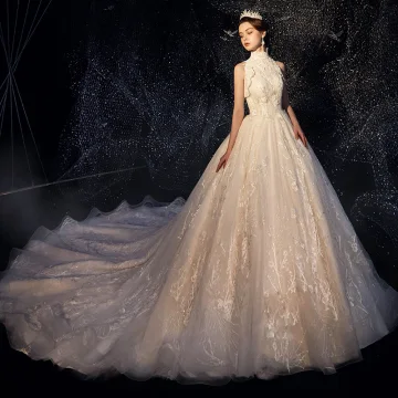 Vintage Retro Ivory Wedding Dresses 2019 A Line Princess High Neck Sleeveless Backless Appliques Lace Glitter Tulle Chapel Train