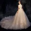 Vintage / Retro Ivory Wedding Dresses 2019 A-Line / Princess High Neck Sleeveless Backless Appliques Lace Glitter Tulle Chapel Train