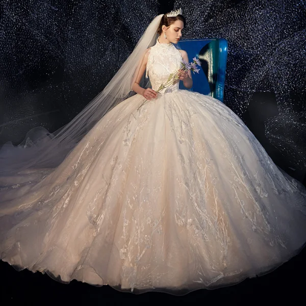 Vintage / Retro Ivory Wedding Dresses 2019 A-Line / Princess High Neck Sleeveless Backless Appliques Lace Glitter Tulle Chapel Train