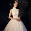 Vintage / Retro Ivory Wedding Dresses 2019 A-Line / Princess High Neck Sleeveless Backless Appliques Lace Glitter Tulle Chapel Train