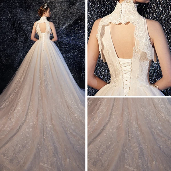 Vintage / Retro Ivory Wedding Dresses 2019 A-Line / Princess High Neck Sleeveless Backless Appliques Lace Glitter Tulle Chapel Train