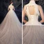 Vintage / Retro Ivory Wedding Dresses 2019 A-Line / Princess High Neck Sleeveless Backless Appliques Lace Glitter Tulle Chapel Train