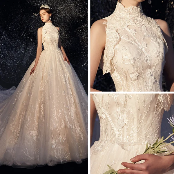 Vintage / Retro Ivory Wedding Dresses 2019 A-Line / Princess High Neck Sleeveless Backless Appliques Lace Glitter Tulle Chapel Train