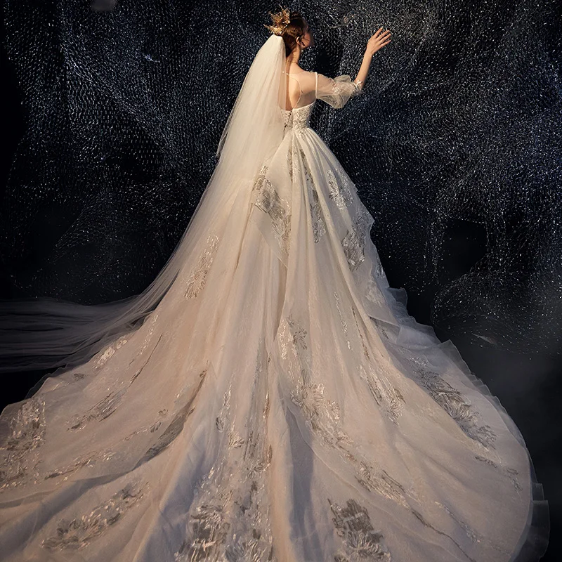 blue dress for baby girl Champagne Illusion 3/4 Sleeve Lace Wedding Dress Champagne main image 0