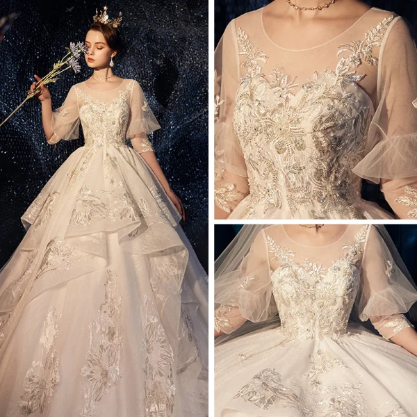 Élégant Ivoire Transparentes Robe De Mariée 2019 Princesse Encolure Dégagée Gonflée 3/4 Manches Dos Nu Appliques En Dentelle Paillettes Chapel Train Volants