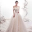 Schöne Champagner Brautkleider / Hochzeitskleider 2019 A Linie Off Shoulder Kurze Ärmel Rückenfreies Applikationen Spitze Perlenstickerei Pailletten Glanz Tülle Kathedrale Schleppe Rüschen