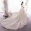 Schöne Champagner Brautkleider / Hochzeitskleider 2019 A Linie Off Shoulder Kurze Ärmel Rückenfreies Applikationen Spitze Perlenstickerei Pailletten Glanz Tülle Kathedrale Schleppe Rüschen