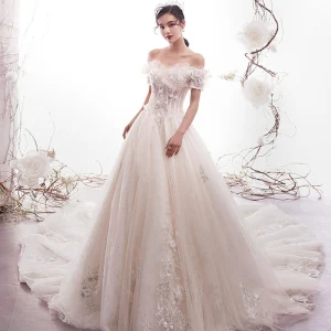 Chic Beautiful Champagne Wedding Dresses 2019 A Line Princess Off The Shoulder Short Sleeve Backless Appliques Lace Beading Sequins Glitter Tulle Cathedral Train Ruffle