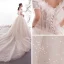 Schöne Champagner Brautkleider / Hochzeitskleider 2019 A Linie Off Shoulder Kurze Ärmel Rückenfreies Applikationen Spitze Perlenstickerei Pailletten Glanz Tülle Kathedrale Schleppe Rüschen