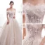 Schöne Champagner Brautkleider / Hochzeitskleider 2019 A Linie Off Shoulder Kurze Ärmel Rückenfreies Applikationen Spitze Perlenstickerei Pailletten Glanz Tülle Kathedrale Schleppe Rüschen