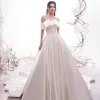 Modest / Simple Ivory Satin Wedding Dresses 2019 A-Line / Princess Off-The-Shoulder Short Sleeve Backless Chapel Train Ruffle