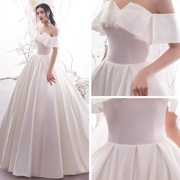 Modest / Simple Ivory Satin Wedding Dresses 2019 A-Line / Princess Off-The-Shoulder Short Sleeve Backless Chapel Train Ruffle