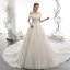 Schöne Champagner Brautkleider / Hochzeitskleider 2019 A Linie Off Shoulder Kurze Ärmel Rückenfreies Applikationen Spitze Pailletten Glanz Tülle Kathedrale Schleppe Rüschen