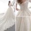 Schöne Champagner Brautkleider / Hochzeitskleider 2019 A Linie Off Shoulder Kurze Ärmel Rückenfreies Applikationen Spitze Pailletten Glanz Tülle Kathedrale Schleppe Rüschen