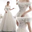 Schöne Champagner Brautkleider / Hochzeitskleider 2019 A Linie Off Shoulder Kurze Ärmel Rückenfreies Applikationen Spitze Pailletten Glanz Tülle Kathedrale Schleppe Rüschen
