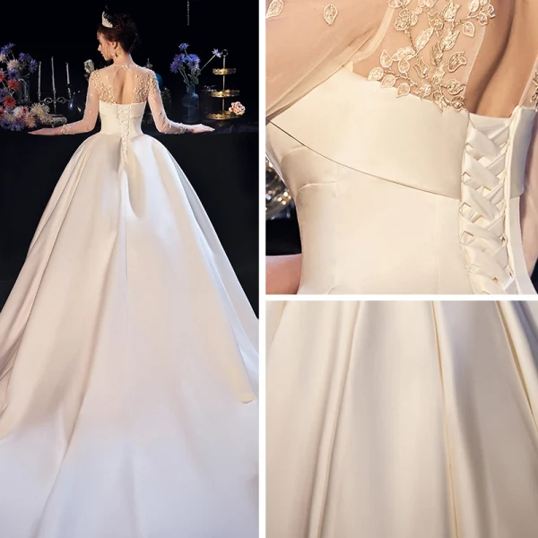 Vintage Ivory / Creme Satin Durchsichtige Brautkleider / Hochzeitskleider 2019 Ballkleid Rundhalsausschnitt 3/4 Ärmel Rückenfreies Applikationen Spitze Kapelle-Schleppe Rüschen