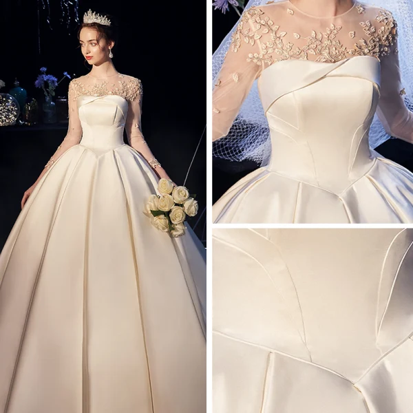 Vintage Ivory / Creme Satin Durchsichtige Brautkleider / Hochzeitskleider 2019 Ballkleid Rundhalsausschnitt 3/4 Ärmel Rückenfreies Applikationen Spitze Kapelle-Schleppe Rüschen