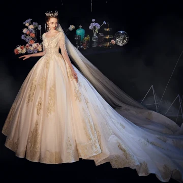 Luxe Champagne Transparentes Robe De Mariée 2019 Princesse Col V Profond Manches Courtes Perlage Gland Dos Nu Appliques En Dentelle Cathedral Train Volants