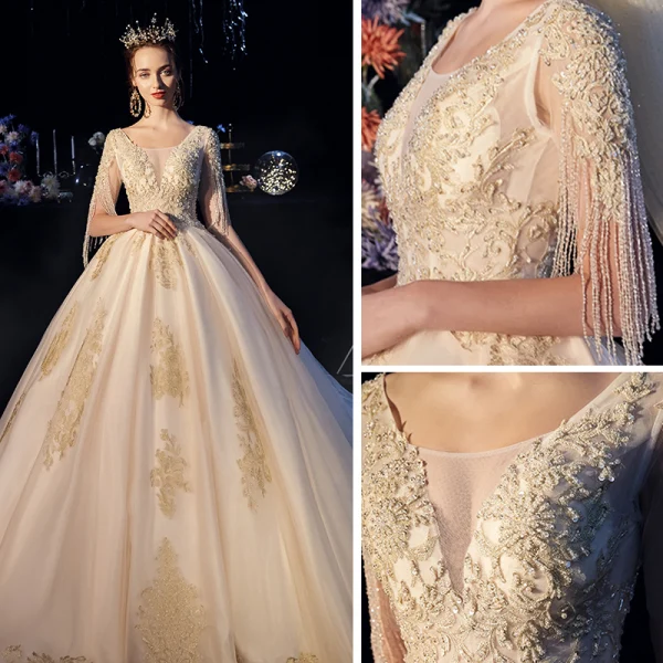 Luxe Champagne Transparentes Robe De Mariée 2019 Princesse Col v profond Manches Courtes Perlage Gland Dos Nu Appliques En Dentelle Cathedral Train Volants
