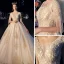 Luxe Champagne Transparentes Robe De Mariée 2019 Princesse Col v profond Manches Courtes Perlage Gland Dos Nu Appliques En Dentelle Cathedral Train Volants