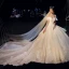 Luxury / Gorgeous Champagne Wedding Dresses 2019 A-Line / Princess Off-The-Shoulder Short Sleeve Backless Appliques Lace Beading Pearl Crystal Glitter Tulle Cathedral Train Ruffle
