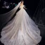 Luxury / Gorgeous Champagne Wedding Dresses 2019 A-Line / Princess Off-The-Shoulder Short Sleeve Backless Appliques Lace Beading Pearl Crystal Glitter Tulle Cathedral Train Ruffle