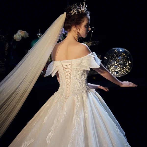 Luxury / Gorgeous Champagne Wedding Dresses 2019 A-Line / Princess Off-The-Shoulder Short Sleeve Backless Appliques Lace Beading Pearl Crystal Glitter Tulle Cathedral Train Ruffle