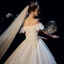 Luxury / Gorgeous Champagne Wedding Dresses 2019 A-Line / Princess Off-The-Shoulder Short Sleeve Backless Appliques Lace Beading Pearl Crystal Glitter Tulle Cathedral Train Ruffle