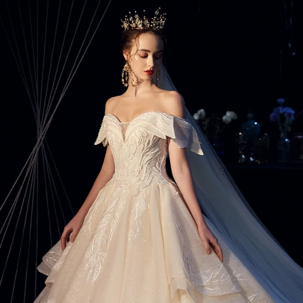Luxury / Gorgeous Champagne Wedding Dresses 2019 A-Line / Princess Off-The-Shoulder Short Sleeve Backless Appliques Lace Beading Pearl Crystal Glitter Tulle Cathedral Train Ruffle