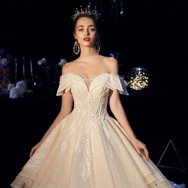 Luxury / Gorgeous Champagne Wedding Dresses 2019 A-Line / Princess Off-The-Shoulder Short Sleeve Backless Appliques Lace Beading Pearl Crystal Glitter Tulle Cathedral Train Ruffle