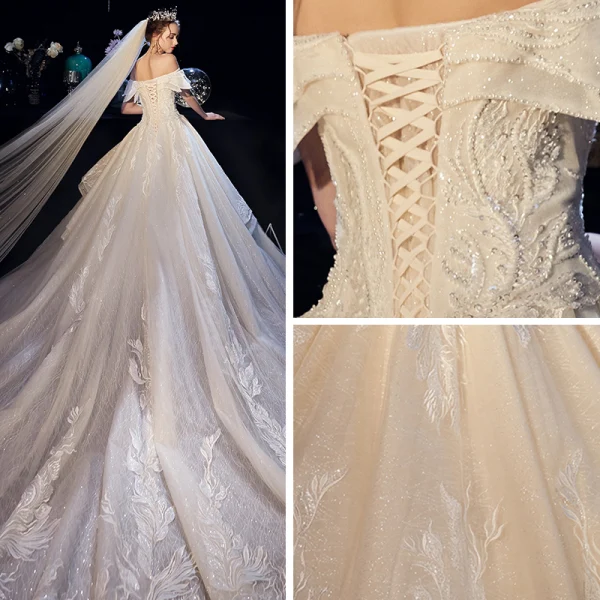 Luxury / Gorgeous Champagne Wedding Dresses 2019 A-Line / Princess Off-The-Shoulder Short Sleeve Backless Appliques Lace Beading Pearl Crystal Glitter Tulle Cathedral Train Ruffle