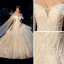 Luxury / Gorgeous Champagne Wedding Dresses 2019 A-Line / Princess Off-The-Shoulder Short Sleeve Backless Appliques Lace Beading Pearl Crystal Glitter Tulle Cathedral Train Ruffle