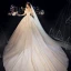 Bling Bling Champagne Wedding Dresses 2019 A-Line / Princess Off-The-Shoulder Short Sleeve Backless Appliques Lace Beading Sequins Glitter Tulle Chapel Train Ruffle