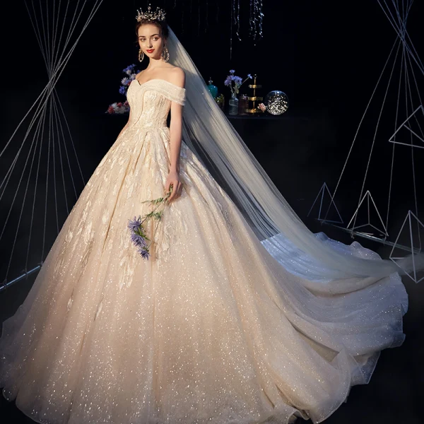 Bling Bling Champagne Wedding Dresses 2019 A-Line / Princess Off-The-Shoulder Short Sleeve Backless Appliques Lace Beading Sequins Glitter Tulle Chapel Train Ruffle