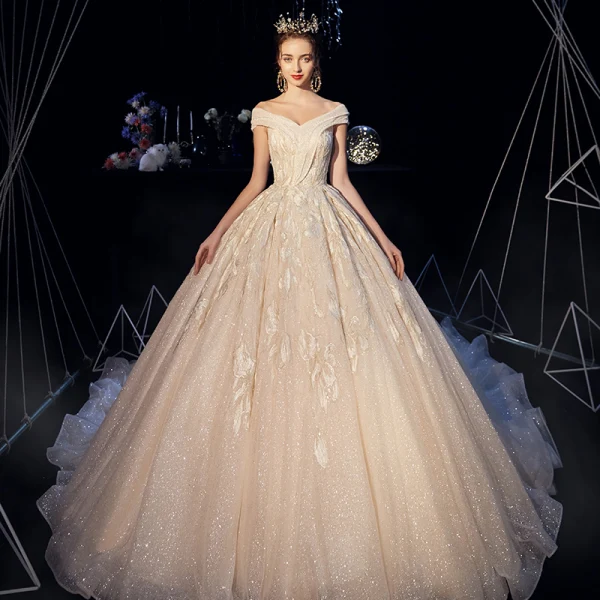 Bling Bling Champagne Wedding Dresses 2019 A-Line / Princess Off-The-Shoulder Short Sleeve Backless Appliques Lace Beading Sequins Glitter Tulle Chapel Train Ruffle