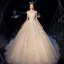 Bling Bling Champagne Wedding Dresses 2019 A-Line / Princess Off-The-Shoulder Short Sleeve Backless Appliques Lace Beading Sequins Glitter Tulle Chapel Train Ruffle