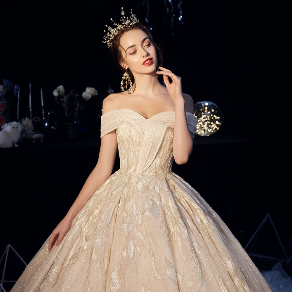 Bling Bling Champagne Wedding Dresses 2019 A-Line / Princess Off-The-Shoulder Short Sleeve Backless Appliques Lace Beading Sequins Glitter Tulle Chapel Train Ruffle