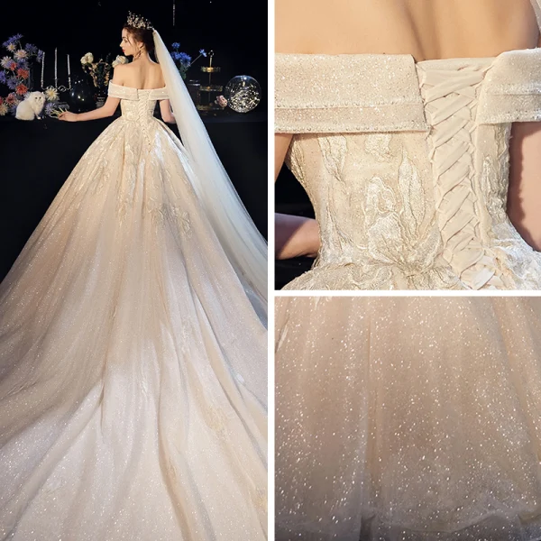 Bling Bling Champagne Wedding Dresses 2019 A-Line / Princess Off-The-Shoulder Short Sleeve Backless Appliques Lace Beading Sequins Glitter Tulle Chapel Train Ruffle
