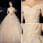 Bling Bling Champagne Wedding Dresses 2019 A-Line / Princess Off-The-Shoulder Short Sleeve Backless Appliques Lace Beading Sequins Glitter Tulle Chapel Train Ruffle
