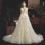 Chic / Beautiful Champagne Wedding Dresses 2019 A-Line / Princess See-through Deep V-Neck Sleeveless Backless Appliques Lace Beading Court Train Ruffle