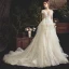 Chic / Beautiful Champagne Wedding Dresses 2019 A-Line / Princess See-through Deep V-Neck Sleeveless Backless Appliques Lace Beading Court Train Ruffle