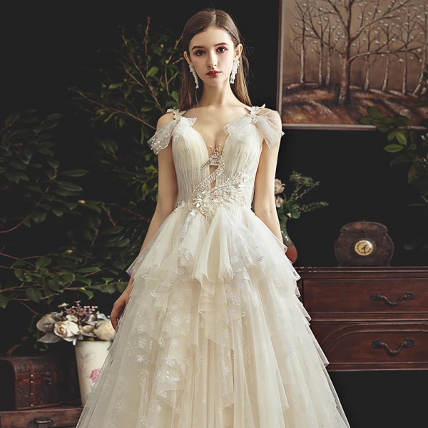 Chic / Beautiful Champagne Wedding Dresses 2019 A-Line / Princess See-through Deep V-Neck Sleeveless Backless Appliques Lace Beading Court Train Ruffle