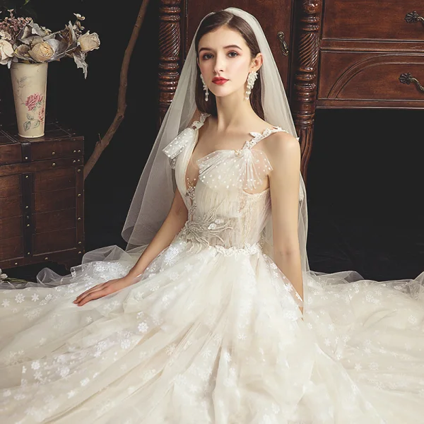 Chic / Beautiful Champagne Wedding Dresses 2019 A-Line / Princess See-through Deep V-Neck Sleeveless Backless Appliques Lace Beading Court Train Ruffle