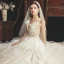 Chic / Beautiful Champagne Wedding Dresses 2019 A-Line / Princess See-through Deep V-Neck Sleeveless Backless Appliques Lace Beading Court Train Ruffle