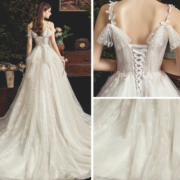 Chic / Beautiful Champagne Wedding Dresses 2019 A-Line / Princess See-through Deep V-Neck Sleeveless Backless Appliques Lace Beading Court Train Ruffle
