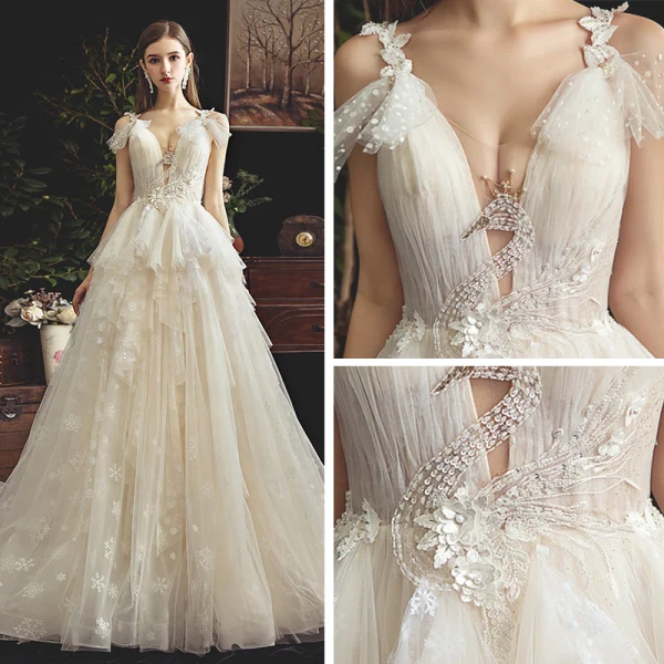 Chic / Beautiful Champagne Wedding Dresses 2019 A-Line / Princess See-through Deep V-Neck Sleeveless Backless Appliques Lace Beading Court Train Ruffle