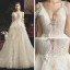 Chic / Beautiful Champagne Wedding Dresses 2019 A-Line / Princess See-through Deep V-Neck Sleeveless Backless Appliques Lace Beading Court Train Ruffle
