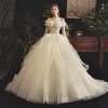 Classy Champagne Wedding Dresses 2019 Ball Gown Off-The-Shoulder Short Sleeve Backless Beading Court Train Ruffle